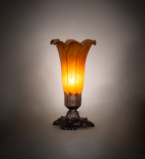 Meyda Lighting Amber Pond Lily 8" Mahogany Bronze Victorian Mini Table Lamp With Amber Shade Glass