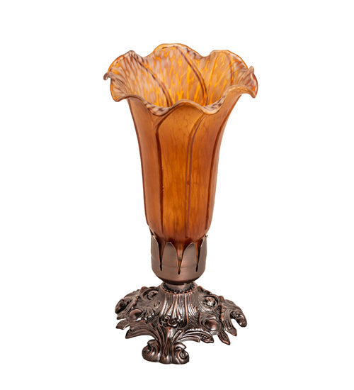 Meyda Lighting Amber Pond Lily 8" Mahogany Bronze Victorian Mini Table Lamp With Amber Shade Glass