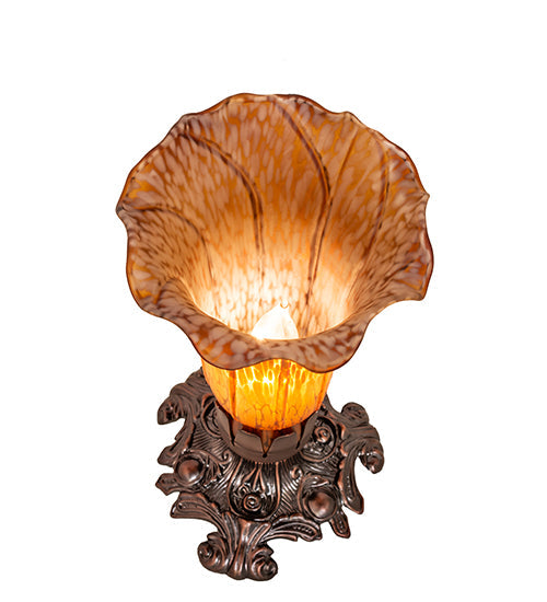 Meyda Lighting Amber Pond Lily 8" Mahogany Bronze Victorian Mini Table Lamp With Amber Shade Glass