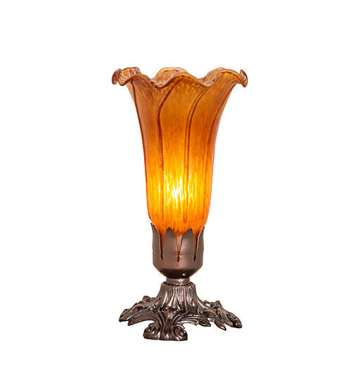 Meyda Lighting Amber Pond Lily 8" Mahogany Bronze Victorian Mini Table Lamp With Amber Shade Glass