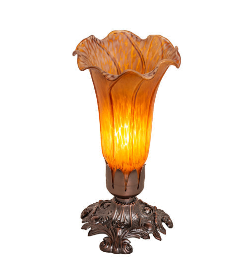 Meyda Lighting Amber Pond Lily 8" Mahogany Bronze Victorian Mini Table Lamp With Amber Shade Glass