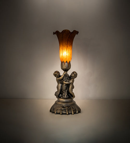 Meyda Lighting Amber Tiffany Pond Lily 13" Antique Brass Twin Cherub Table Lamp With Amber Shade Glass