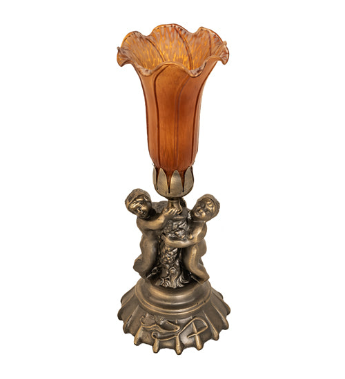 Meyda Lighting Amber Tiffany Pond Lily 13" Antique Brass Twin Cherub Table Lamp With Amber Shade Glass