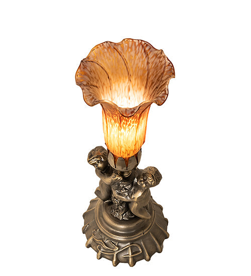 Meyda Lighting Amber Tiffany Pond Lily 13" Antique Brass Twin Cherub Table Lamp With Amber Shade Glass