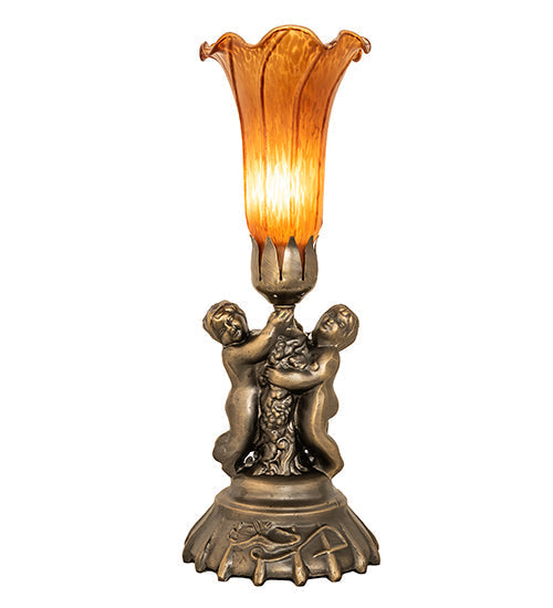 Meyda Lighting Amber Tiffany Pond Lily 13" Antique Brass Twin Cherub Table Lamp With Amber Shade Glass