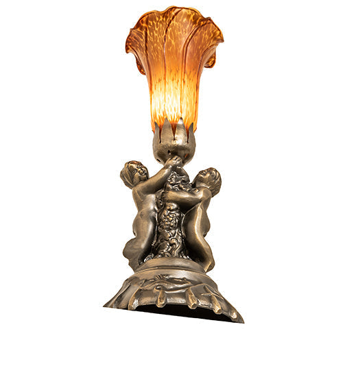Meyda Lighting Amber Tiffany Pond Lily 13" Antique Brass Twin Cherub Table Lamp With Amber Shade Glass