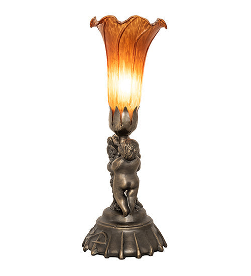 Meyda Lighting Amber Tiffany Pond Lily 13" Antique Brass Twin Cherub Table Lamp With Amber Shade Glass