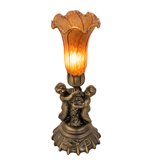 Meyda Lighting Amber Tiffany Pond Lily 13" Antique Brass Twin Cherub Table Lamp With Amber Shade Glass