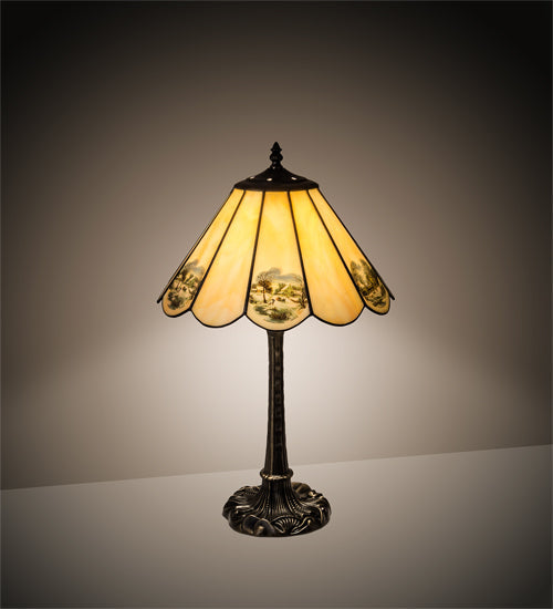 Meyda Lighting Americana 21" Mahogany Bronze Table Lamp With Spectrum Beige & Currier Ives Shade Glass