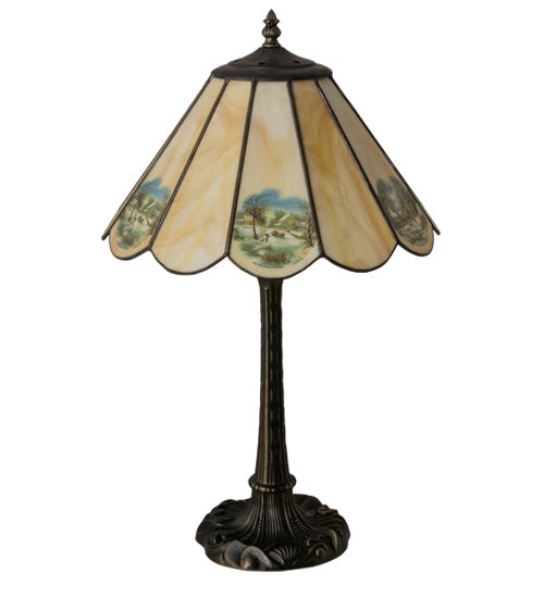Meyda Lighting Americana 21" Mahogany Bronze Table Lamp With Spectrum Beige & Currier Ives Shade Glass