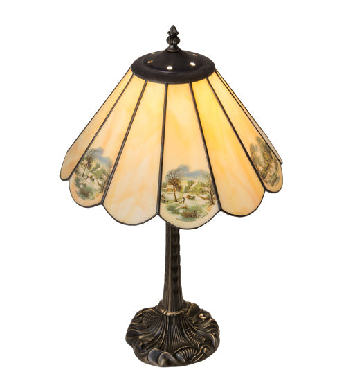 Meyda Lighting Americana 21" Mahogany Bronze Table Lamp With Spectrum Beige & Currier Ives Shade Glass