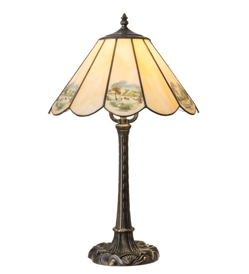 Meyda Lighting Americana 21" Mahogany Bronze Table Lamp With Spectrum Beige & Currier Ives Shade Glass