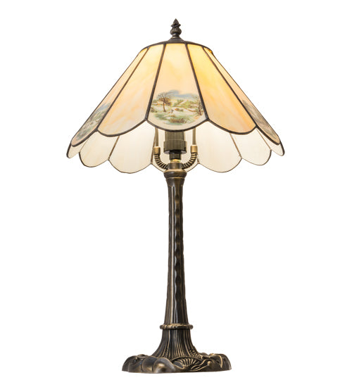 Meyda Lighting Americana 21" Mahogany Bronze Table Lamp With Spectrum Beige & Currier Ives Shade Glass