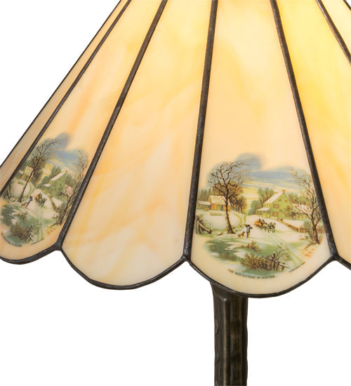 Meyda Lighting Americana 21" Mahogany Bronze Table Lamp With Spectrum Beige & Currier Ives Shade Glass