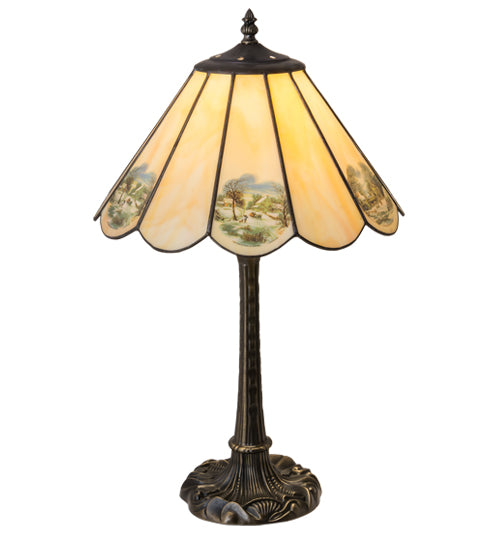 Meyda Lighting Americana 21" Mahogany Bronze Table Lamp With Spectrum Beige & Currier Ives Shade Glass