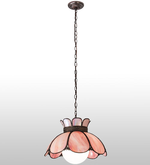 Meyda Lighting Anabelle 18" Craftsman Brown & Mahogany Bronze Pendant Light With Pink Iridescent Shade Glass