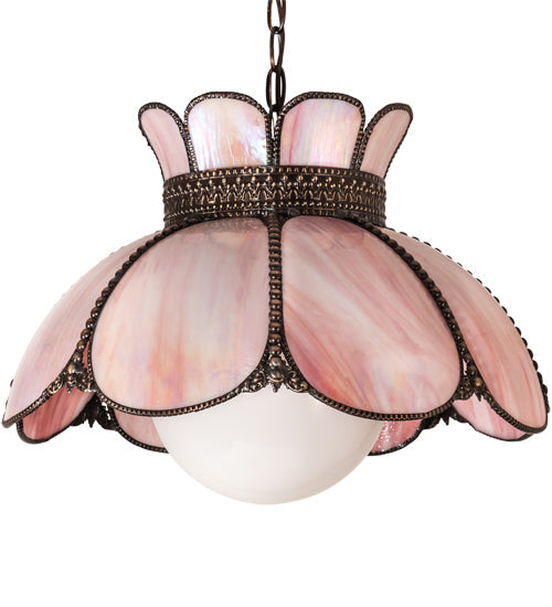 Meyda Lighting Anabelle 18" Craftsman Brown & Mahogany Bronze Pendant Light With Pink Iridescent Shade Glass