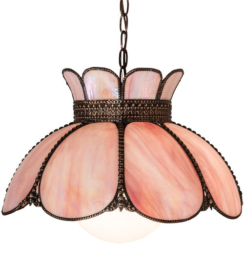 Meyda Lighting Anabelle 18" Craftsman Brown & Mahogany Bronze Pendant Light With Pink Iridescent Shade Glass