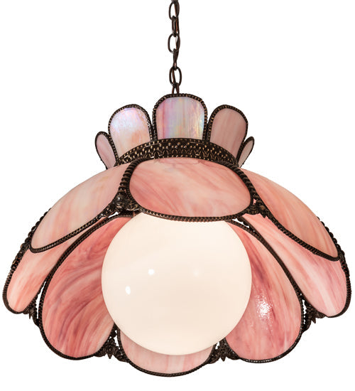 Meyda Lighting Anabelle 18" Craftsman Brown & Mahogany Bronze Pendant Light With Pink Iridescent Shade Glass