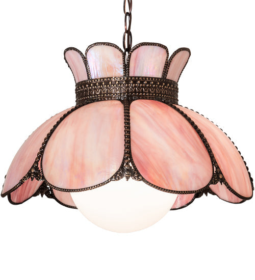 Meyda Lighting Anabelle 18" Craftsman Brown & Mahogany Bronze Pendant Light With Pink Iridescent Shade Glass
