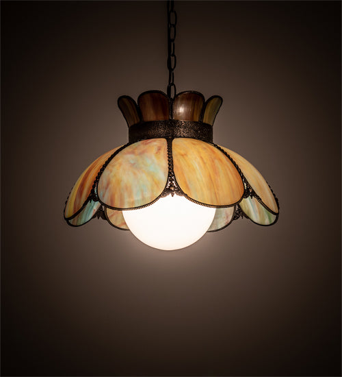 Meyda Lighting Anabelle 18" Craftsman Brown Pendant Light With Jade Purple Art Shade Glass