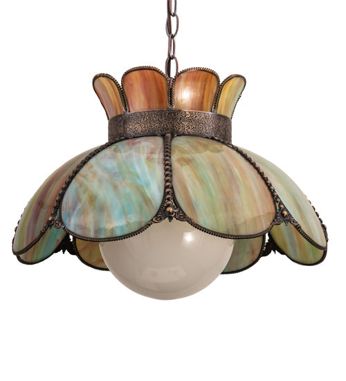 Meyda Lighting Anabelle 18" Craftsman Brown Pendant Light With Jade Purple Art Shade Glass