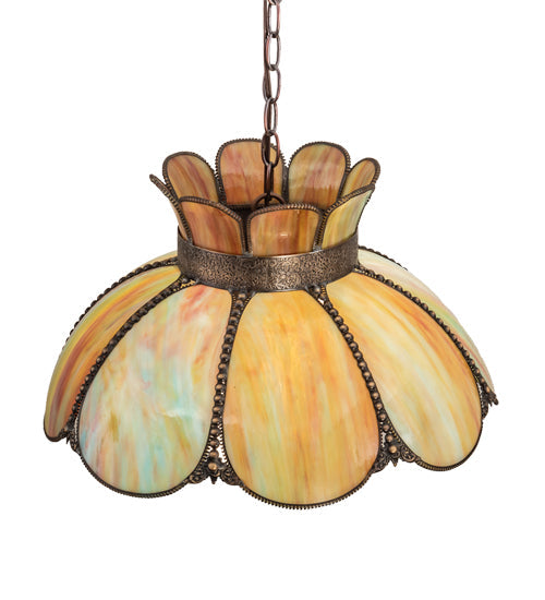 Meyda Lighting Anabelle 18" Craftsman Brown Pendant Light With Jade Purple Art Shade Glass