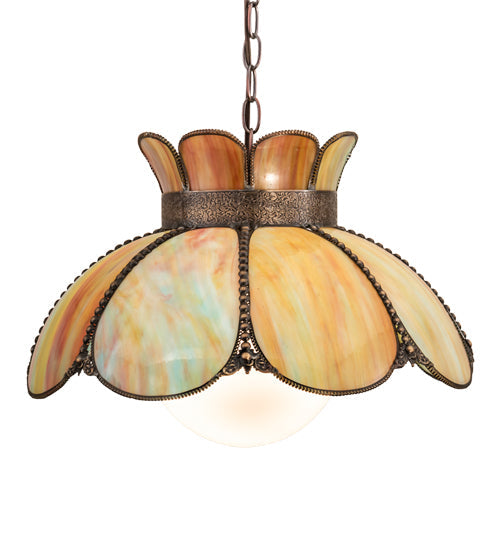 Meyda Lighting Anabelle 18" Craftsman Brown Pendant Light With Jade Purple Art Shade Glass