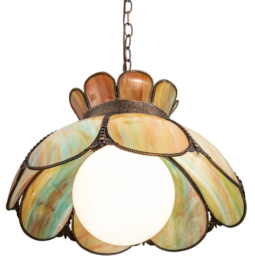 Meyda Lighting Anabelle 18" Craftsman Brown Pendant Light With Jade Purple Art Shade Glass
