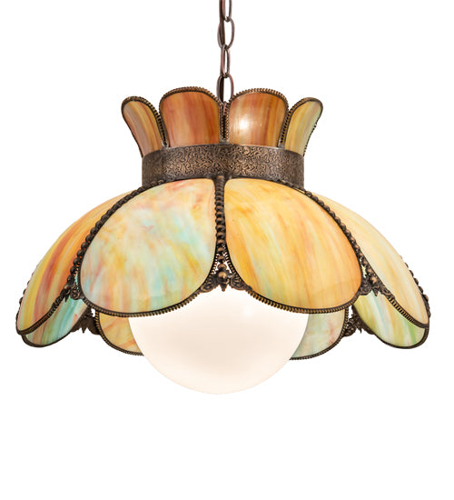 Meyda Lighting Anabelle 18" Craftsman Brown Pendant Light With Jade Purple Art Shade Glass