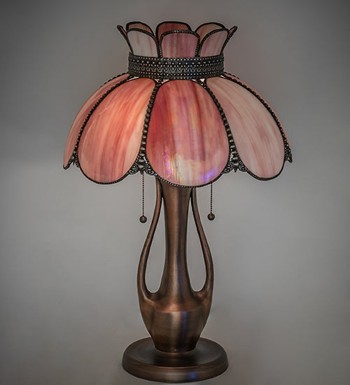 Meyda Lighting Anabelle 259883 26" 2-Light Mahogany Bronze Table Lamp With Pink Iridescent Shade Glass