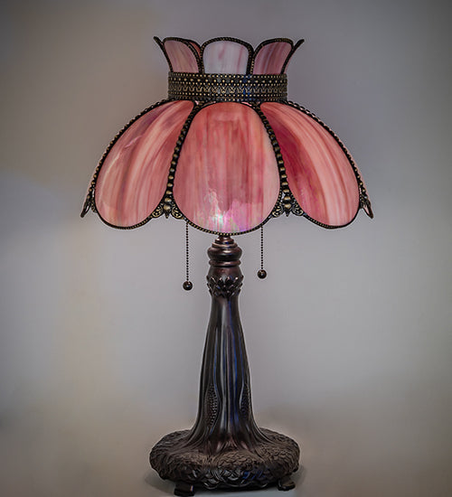 Meyda Lighting Anabelle 26" 2-Light Mahogany Bronze Table Lamp With Pink Iridescent Shade Glass