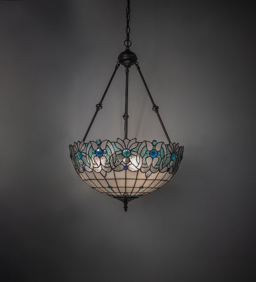 Meyda Lighting Angelica 20" 3-Light Mahogany Bronze Inverted Pendant Light With Blue Iridescent & Clear Stained Shade Glass