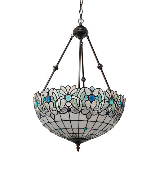 Meyda Lighting Angelica 20" 3-Light Mahogany Bronze Inverted Pendant Light With Blue Iridescent & Clear Stained Shade Glass
