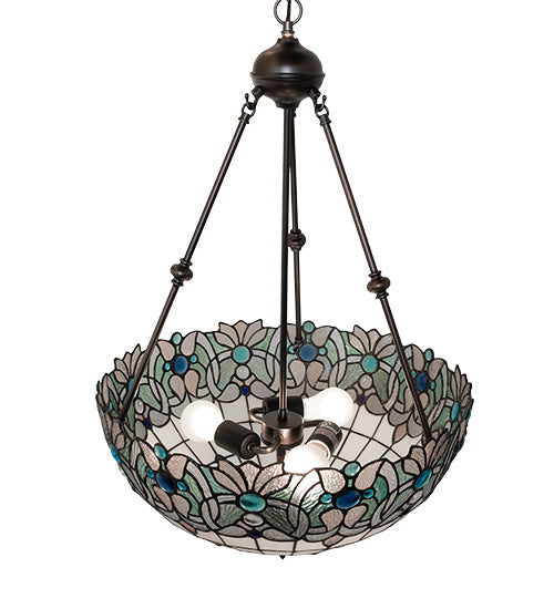 Meyda Lighting Angelica 20" 3-Light Mahogany Bronze Inverted Pendant Light With Blue Iridescent & Clear Stained Shade Glass