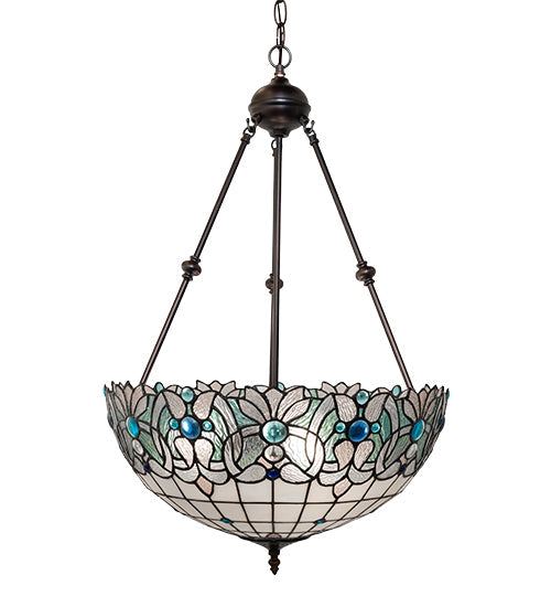 Meyda Lighting Angelica 20" 3-Light Mahogany Bronze Inverted Pendant Light With Blue Iridescent & Clear Stained Shade Glass