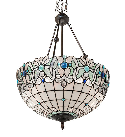 Meyda Lighting Angelica 20" 3-Light Mahogany Bronze Inverted Pendant Light With Blue Iridescent & Clear Stained Shade Glass