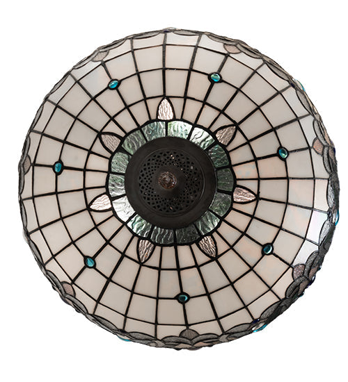Meyda Lighting Angelica 20" 3-Light Mahogany Bronze Inverted Pendant Light With Blue Iridescent & Clear Stained Shade Glass