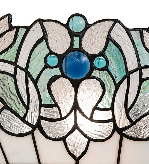 Meyda Lighting Angelica 20" 3-Light Mahogany Bronze Inverted Pendant Light With Blue Iridescent & Clear Stained Shade Glass