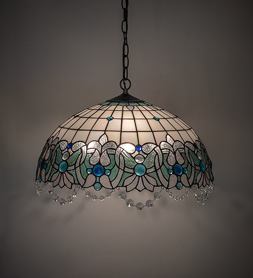 Meyda Lighting Angelica 20" 3-Light Mahogany Bronze Pendant Light With Blue Iridescent & Clear Stained Shade Glass