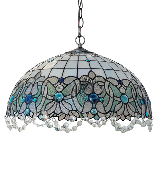 Meyda Lighting Angelica 20" 3-Light Mahogany Bronze Pendant Light With Blue Iridescent & Clear Stained Shade Glass
