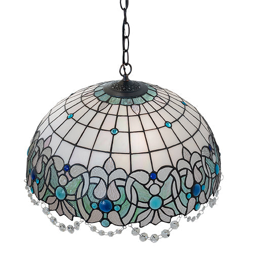 Meyda Lighting Angelica 20" 3-Light Mahogany Bronze Pendant Light With Blue Iridescent & Clear Stained Shade Glass