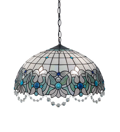 Meyda Lighting Angelica 20" 3-Light Mahogany Bronze Pendant Light With Blue Iridescent & Clear Stained Shade Glass