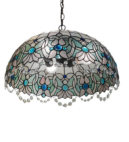 Meyda Lighting Angelica 20" 3-Light Mahogany Bronze Pendant Light With Blue Iridescent & Clear Stained Shade Glass