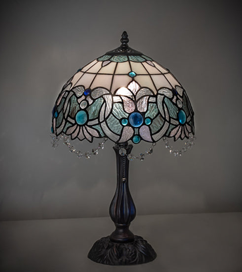 Meyda Lighting Angelica 20" Mahogany Bronze Table Lamp With Blue Iridescent & Clear Stained Shade Glass