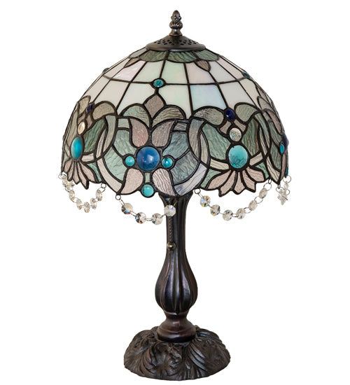Meyda Lighting Angelica 20" Mahogany Bronze Table Lamp With Blue Iridescent & Clear Stained Shade Glass