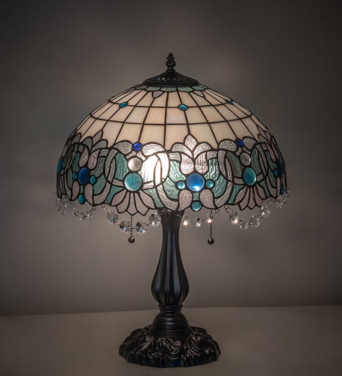 Meyda Lighting Angelica 21" 2-Light Mahogany Bronze Table Lamp With Blue Iridescent & Clear Stained Shade Glass