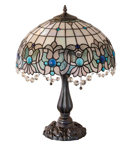 Meyda Lighting Angelica 21" 2-Light Mahogany Bronze Table Lamp With Blue Iridescent & Clear Stained Shade Glass