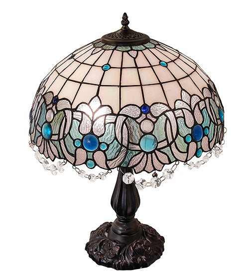 Meyda Lighting Angelica 21" 2-Light Mahogany Bronze Table Lamp With Blue Iridescent & Clear Stained Shade Glass