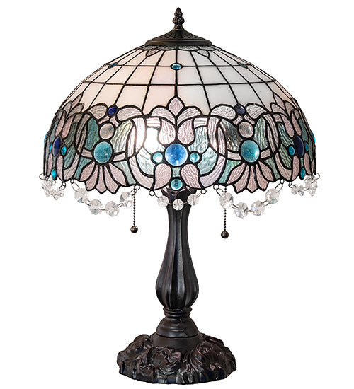 Meyda Lighting Angelica 21" 2-Light Mahogany Bronze Table Lamp With Blue Iridescent & Clear Stained Shade Glass